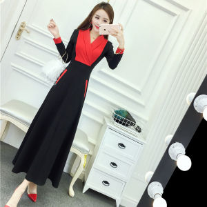 Fashionable Ladies Long Ankle-Length Dress Mature Style High Waist A-Line Skirt Korean Version Autumn Collection V-Neck Zipper