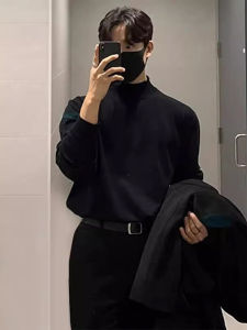 เสื้อสเวตเตอร์คอปกสูงบุขนแกะสีดำสำหรับผู้ชาย ทรงเข้ารูป หนา แฟชั่นเกาหลี ลำลอง สวมใส่สบาย เสื้อเชิ้ตถัก