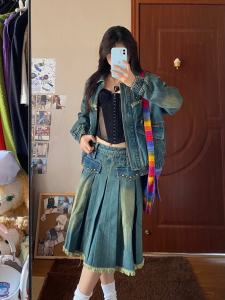 กระโปรงยีนส์ทรงเอสไตล์อเมริกันย้อนยุค กระโปรงทรงเอผู้หญิง ฤดูใบไม้ผลิและฤดูใบไม้ร่วง กระโปรงจีบเอวสูงสุดเทรนด์