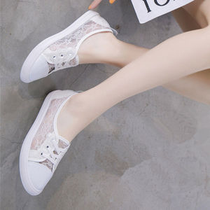 Womens Casual Breathable Leather Lace-Up Flat Bottom Slip-On Shoes Summer Hollow out Mesh Shoes Lazy Persons Sandals