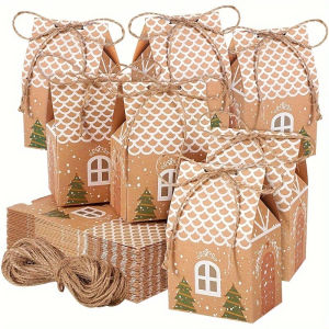 24pcs Christmas Candy Gift Box With Tag Kraft Paper Cookie Snack Packing Bags 2024 Xmas Party Home Decoration New Year