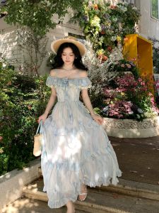 Blovelan Cloud Water Flower Lyric One Shoulder Embroidery Heavy Work Long Strap Dress Summer Elegant A-Line Skirt Style Short Sleeve