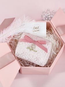 Mini Portable Womens Makeup Bag Lace Butterfly Knot Red Lipstick Storage Pouch Small Size Handbag Style Fabric Storage Bag