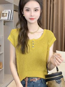 Summer Thin Ice Silk Knitted Top Women Loose Slimming Short Sleeveless Hollow out Low round Neck Single Piece Fashionable Youthful