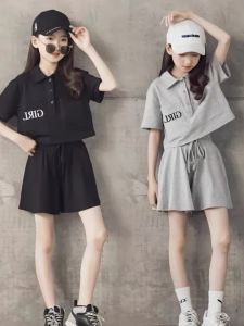 Girls Short Sleeve T-Shirt Shorts Set Summer New Fashion Sporty Casual Two-Piece Cotton Polyester Blend Comfortable Kids Wear