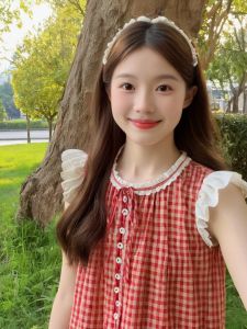 Red Plaid Ruffle Sleeveless Vest Womens Summer Korean Style Vintage Sweet Cute Doll Top French Style Loose Fit Polyester