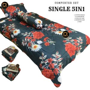 Cadar Bujang set 5 in 1 with Comforter Single/Super Single Bedding Set Cadar Kaliber MODEN LOVE BUNGA ABSTRAK