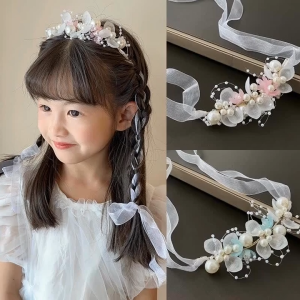 European Flower Lace Crown Bridal Wreath Girl Tiaras Headband/Children Performance Hair Band Fairy Golden Leaf/Wedding A