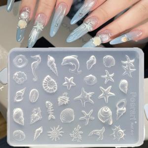 1Pcs Summer Shell Starfish Silicone Nail Art Mold 3D Dolphin Seahorse Conch Coral Nails Stencils Ocean Manicure Charms Template