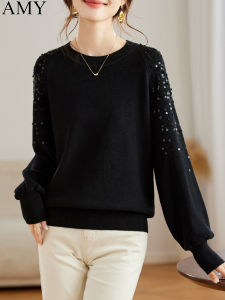 Chic Sequin Base Layer Knitwear Loose Black Fashionable Top Womens Autumn 2025 New Arrival Elegant Lantern Sleeve round Neck
