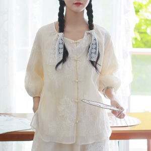 Large Size New Chinese Style 3D Embroidery Button Cheongsam Top Half Sleeve round Neckline Fashionable plus Size Set