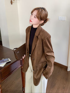 Caramel Suede Fashionable Womens Suit Jacket Commute Style Long Sleeve Double Breasted Casual Straight Leg Polyester