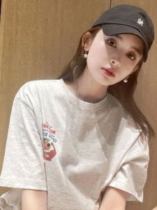 Gulinaza Celebrity Loose Cotton Printed Short Sleeve T-Shirt Womens Summer Fashion Brand Korean Style round Neck Top