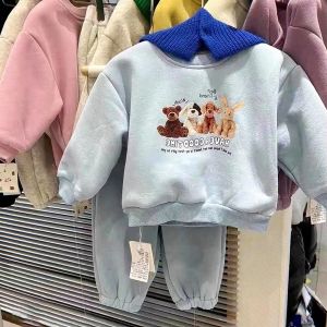 K-style Childrens Clothing 2023 Winter Clothes Mens Padded Fleece Trousers Two-piece Set Girl Casual Sports Suit Kids Sweatshirt