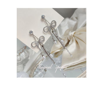 Elegant Long Tassel Pearl Butterfly Knot Drop Earrings Heavy Zircon Simplicity No Piercing Required Fashion Jewelry