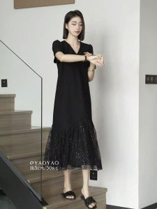 Hebe Style Lace Splice V-neck Casual Loose Slimming Black Dress Summer New Arrival Womens Dress High Waist A-line Skirt