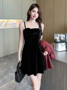 Black Velvet Halter Dress Womens Spring High-End Short A-Line Inner Wear Base Skirt Vintage Style Gored Skirt Sleeveless