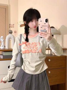 Áo Thun Nữ Dài Tay in Chữ Nổi Phong Cách Hàn Quốc Eo Chun Tay Dài Cổ Tròn Mùa Thu Cotton