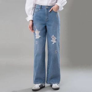 High Waist Wide Leg Straight Cut Denim Jeans Womens Casual Long Trousers Spring 2025 Glitter Hole Design by Euro Amas