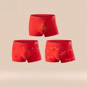 HLA | Antibacterial Modal Boxer Shorts For Men Red Color 3 Pack Underwear HLA Haier Home Annual Zodiac Design High Waist Briefs