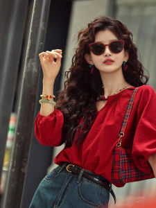 เสื้อเชิ้ตแขนยาวสีแดงสไตล์ฮ่องกงย้อนยุคสำหรับผู้หญิง ทรงหลวม ผ้าผสมโพลีเอสเตอร์ ทรงปกติ ปกติ แขนยาว ปกติ