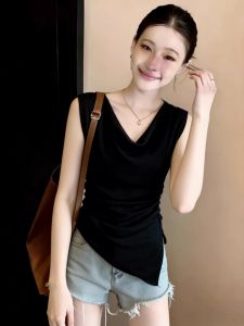 V-neck Sleeveless Cool Silk Top Slim Fit Waist-cinching Irregular Short Style