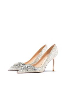 รองเท้าส้นสูงคริสตัลสำหรับผู้หญิง ทรงหัวแหลม ดีไซน์เรียบหรู สวมใส่สบาย สำหรับงานแต่งงานและงานปาร์ตี้ในชีวิตประจำวัน