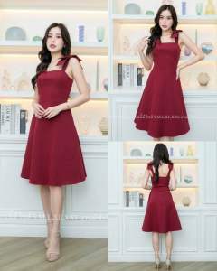 ชุดเดรส ชุดออกงาน ชุดราตรี F257 ผ้าโคโค่ กระโปรงบาน แต่งโบว์ที่ไหล่