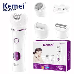 Kemei KM-7937 Professional Shaver Kit for Women Waterproof 5In1 Multi-function Electric Epilator Hair Removal Ladys Rechargeable Callus Remover LCD Defeather