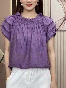 Stylish Mom Pure Color Short Sleeve T-Shirt Summer Ladies One Shoulder Lace Sleeve Thin Loose Slimming Ageless Small Shirt