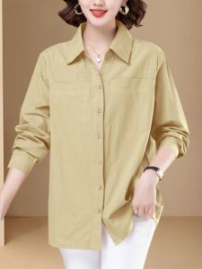 เสื้อเชิ้ตแขนยาวผู้หญิงคอโปโลสีพื้นผ้าฝ้ายแท้ ทรงหลวม ปกติ ฤดูใบไม้ผลิและฤดูใบไม้ร่วง ไซส์ใหญ่ เสื้อคาร์ดิแกน