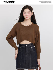 Áo Len Dệt Kim Cổ Tròn Rộng Rãi Tay Dài Phong Cách Hàn Quốc Cổ Điển Cho Nữ Mùa Thu Ngắn Không Đều