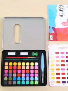Bộ 48 Màu Nước Nén Solid Water Color Dạng Viên Hộp Thiếc Hộp Màu Vẽ Nước Sắc Tươi Sáng Kèm Cọ Vẽ Và Phụ Kiện Đầy Đủ