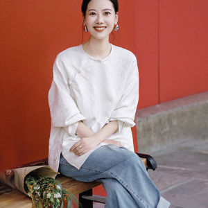 New Chinese Style White Embroidered Shirt Womens Spring Autumn Zen Improved Cheongsam Blouse Medium Length National Style Button up Top