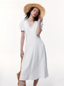 TAMMY TANGS | French Style Linen Dress Womens Waist-Cinching Short Sleeve High Waist Zipper Lace Patchwork V-neck City Commute Summer Dress