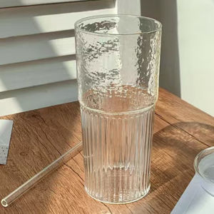 Heat-resistant Large Capacity Glass Cup With Lid and Straw Hammered Texture