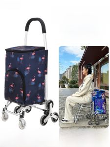 Foldable Shopping Cart with Stool Home Use Small Push Cart Buy Vegetable Pull Rod Car Stair Climbing Aluminum Alloy Shopping Cart