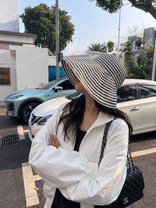 Summer Vacation Must-Have Foldable Stripe Color Block Large Brim Sunshade Fisherman Hat Beach Sun Protection Cap for Women