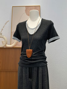 Slimming Effect Knitted Short Sleeve T-Shirt Womens Summer Thin Fashionable Base Shirt Stylish Top Color Block Design round Neck