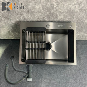 Chậu rửa bát đúc đơn inox 304.Kích thước 60cm x 45 cm màu nano đen. ( Đầy đủ phụ kiện rổ + xi phông)