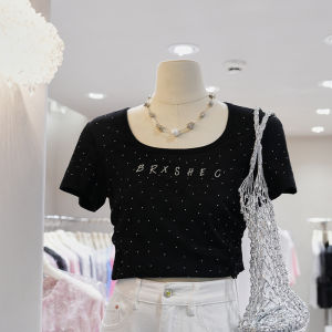 Áo Thun Nữ Cổ Vuông Ôm Vừa Vặn Mùa Hè 2025 Mỏng Thời Trang Đa Năng Thắt Eo Ngắn Cay Nồng Áo Ngắn Tay Cotton Nguyên Chất