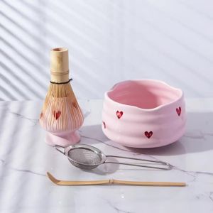 5pcs Pink Heart Decal Ceramic Matcha Set Cute Matcha Set Includes Matcha Bowl Matcha Whisk and Holder Bamboo Scoop Sifter