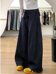 Quần Jeans Denim Ống Rộng Cạp Cao Màu Xanh Đậm Quần Dài Thường Ngày Cho Nữ Mùa Xuân Thu Quần Dài Dài Đến Sàn