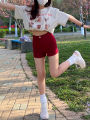 plus Size Women's Retro American Red Denim Shorts High Waist Slimming Elastic Fitting Hot Pants Spring Cotton Stretch Jeans. 