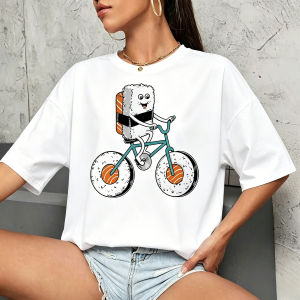 Sanrio | Cute Japanese Sushi Riding Bicycle T Shirt Funny Food Graphic Tee Salmon Sushi Character Tops Cartoon Bicycle Tee Tops