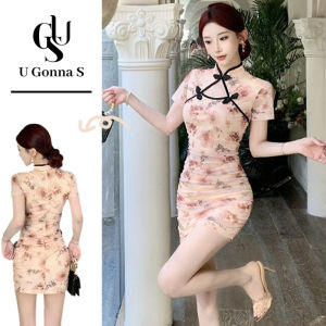 Váy sườn xám cách tân Phụ Nữ Hiện Đại Phụ Nữ ngắn tay gợi cảm Trên Đầu Gối Hoa cổ áo Trung Quốc eo cao Thời Trang Thanh Lịch Bodycon 2024 tiệc tối Buổi Tối Giản Dị U Gonna S