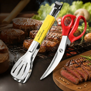 BAKULI | Hard & Sharp BBQ Scissors and Tongs Set