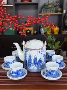 Ấm Tích Pha Trà 15L Bát Tràng Men Lam Trúc Lâm Thất Hiền - Bộ Ấm Tích Pha Trà Xanh Hãm Trà Dung Tích 15L
