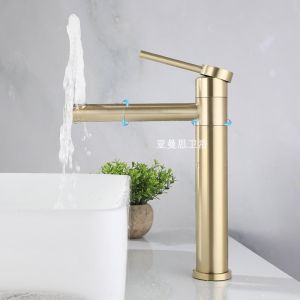 Nordic Simple Accessible Luxury Brushed Golden 304 Stainless Steel Heightened Hot and Cold Rotate Washbasin Drop-in Sink Faucet