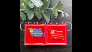 Huy hiệu cờ đại hội bằng in decal trên phôi đồng